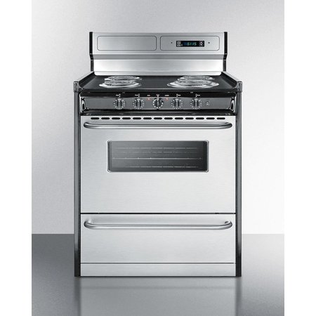 SUMMIT APPLIANCE DIV. Summit-Deluxe 220V Electric Range, S/S Doors, Clock/Timer, Oven Window, Light In 30"W TEM230BKWY